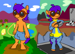 Size: 550x400 | Tagged: safe, artist:caitsith511, oc, oc only, oc:bit goggles, anthro, apple, clothes, fallout, farm, jumpsuit, outdoors, pipboy, ruins, shorts