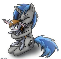Size: 1213x1168 | Tagged: safe, artist:versimer, oc, oc only, oc:homage, oc:littlepip, pony, rabbit, unicorn, fallout equestria, blushing, bunnified, cute, fanfic, fanfic art, female, horn, hug, lesbian, mare, oc x oc, pipbuck, pipmage, shipping, simple background, species swap, white background