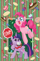 Size: 825x1252 | Tagged: safe, artist:brendahickey, idw, pinkie pie, twilight sparkle, alicorn, pony, friends forever, g4, spoiler:comic, spoiler:comicff12, spoiler:ff12, baked goods, blowing, candy, chubby cheeks, cover, female, idw advertisement, mare, puffy cheeks, stop sign, twilight sparkle (alicorn), whistle