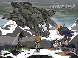Size: 2337x1738 | Tagged: safe, artist:chiimich, jiralhanae, pony, sangheili, assault rifle, banshee, blizzard, brute, crossover, elite, energy sword, epic, explosion, fight, group shot, halo (series), master chief, odst, pelican (halo), ponified, power armor, snow, snowfall, spiker, submachinegun, unsc, weapon