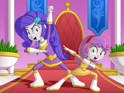 Size: 1200x900 | Tagged: safe, artist:berrypawnch, rarity, sweetie belle, equestria girls, g4, chouriki sentai ohranger, clothes, costume, female, pose, power rangers, power rangers zeo, purple ranger, sisters, super sentai, throne room, yellow ranger