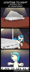 Size: 583x1371 | Tagged: safe, artist:drawponies, artist:terminuslucis, dj pon-3, vinyl scratch, pony, undead, unicorn, vampire, vampony, comic:adapting to night, comic:adapting to night: memories, g4, comic, memories, musical instrument, piano, red eyes, sad, woobie