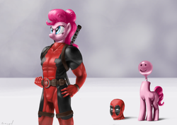 Size: 2123x1500 | Tagged: dead source, safe, artist:scayged, pinkie pie, earth pony, pony, g4, balloon, crossover, deadpool, detachable head, disembodied head, head swap, headless, headpool, marvel, modular, smiley face, wat