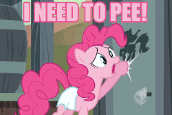 Size: 596x400 | Tagged: safe, edit, edited screencap, screencap, pinkie pie, g4, the last roundup, adult foal, animated, bathroom, bathroom denial, desperation, diaper, diaper edit, female, gif, need to pee, non-baby in diaper, omorashi, potty dance, potty emergency, potty time, solo, sweat, watersports