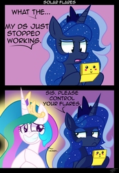 Size: 1200x1733 | Tagged: dead source, safe, artist:php92, princess celestia, princess luna, pikachu, pony, gamer luna, g4, dialogue, nintendo, nintendo ds, pokémon