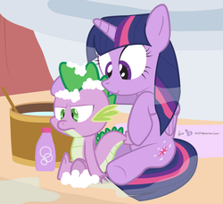 Size: 828x756 | Tagged: safe, artist:dm29, spike, twilight sparkle, alicorn, pony, g4, annoyed, bath, bubble, duo, female, forced bathing, frown, mama twilight, mare, mothers gonna mother, scrubbing, shower, sitting, smiling, spike is not amused, steam, twilight sparkle (alicorn), wet mane