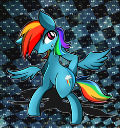 Size: 1084x1156 | Tagged: safe, artist:ochimoto, rainbow dash, pegasus, pony, g4, abstract background, bipedal, female, looking at you, mare, pixiv, solo