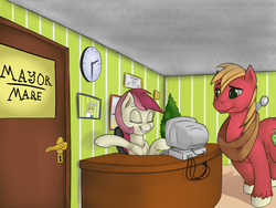 Size: 4000x3000 | Tagged: safe, artist:shdingo, big macintosh, roseluck, earth pony, pony, the mayors journey(vore series), g4, armpits, computer, male, office, stallion