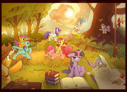 Size: 1900x1382 | Tagged: safe, artist:sherwoodwhisper, apple bloom, applejack, fluttershy, pinkie pie, rainbow dash, rarity, scootaloo, spike, sweetie belle, twilight sparkle, bird, dragon, earth pony, pegasus, pony, spider, unicorn, g4, apple, apple bloom riding pinkie pie, apple sisters, belle sisters, book, bow, bush, canterlot, cutie mark crusaders, eyes closed, female, filly, floppy ears, food, freckles, grass, hair bow, hat, jousting, leaf, male, mane seven, mane six, mare, open mouth, picnic, playing, ponies riding ponies, riding, rock, scootaloo riding rainbow dash, scootalove, siblings, sisters, smiling, spider web, stick, sun, tree, twilight sparkle is not amused, unamused, unicorn twilight