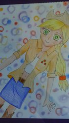 Size: 1024x1821 | Tagged: safe, artist:infinityr319, applejack, human, g4, belly button, clothes, colored, cowboy hat, female, hat, humanized, midriff, skirt, solo, traditional art