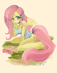 Size: 781x1000 | Tagged: safe, artist:178art, fluttershy, anthro, unguligrade anthro, equestria girls, g4, breasts, busty fluttershy, cute, female, grass, human facial structure, leotard, pixiv, shyabetes, solo, tail