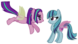 Size: 829x471 | Tagged: safe, artist:pdorothynics, aria blaze, sonata dusk, flutter pony, pony, equestria girls, g4, my little pony equestria girls: rainbow rocks, duo, duo female, equestria girls ponified, female, flying, ponified, siren pony, siren wings