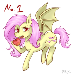 Size: 600x600 | Tagged: safe, artist:prk, fluttershy, g4, apple, female, flutterbat, pixiv, solo