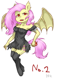 Size: 550x750 | Tagged: safe, artist:prk, fluttershy, anthro, g4, apple, clothes, dress, female, flutterbat, pixiv, solo, stockings