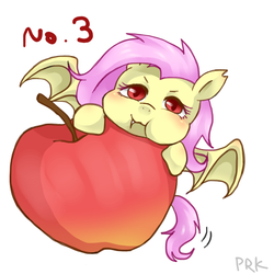 Size: 550x550 | Tagged: safe, artist:prk, fluttershy, g4, apple, chibi, female, flutterbat, pixiv, solo