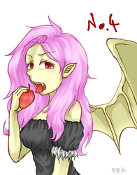 Size: 550x700 | Tagged: safe, artist:prk, fluttershy, equestria girls, g4, apple, female, flutterbat, pixiv, solo