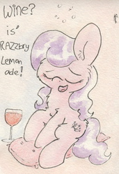 Size: 679x993 | Tagged: safe, artist:slightlyshade, diamond tiara, earth pony, pony, g4, drunk, eyes closed, female, filly, solo, tipsy, traditional art, wine