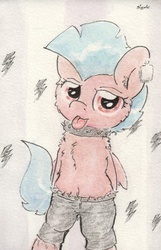 Size: 675x1048 | Tagged: safe, artist:slightlyshade, oc, oc only, pony, bipedal, clothes, collar, earring, shorts, solo, tongue out, traditional art