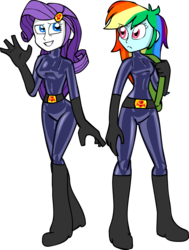 Size: 861x1139 | Tagged: safe, artist:shennanigma, rainbow dash, rarity, equestria girls, g4, bodysuit, dinaranger, duo, simple background, transparent background, zofa