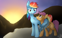 Size: 1023x634 | Tagged: dead source, safe, artist:rflzqt, rainbow dash, scootaloo, pegasus, pony, g4, blank flank, eye contact, female, filly, foal, folded wings, hug, looking at each other, looking at someone, mare, scootalove, signature, smiling, sunset, winghug, wings