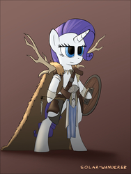 Size: 1200x1600 | Tagged: safe, artist:php49, derpibooru exclusive, rarity, pony, unicorn, g4, antlers, armor, axe, barbarian, barbarity, bipedal, cape, clothes, female, hoof hold, mare, serious, shield, solo, weapon
