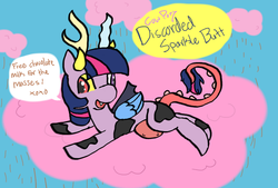 Size: 1014x685 | Tagged: safe, artist:doodledoothedue, twilight sparkle, cow, g4, chocolate rain, cowified, discord sparkle, draconequified, female, mismatched horns, mismatched wings, solo, species swap, twikonequus, udder, wings