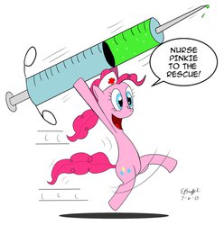 Size: 900x906 | Tagged: dead source, safe, artist:cartoon-eric, pinkie pie, g4, bipedal, female, giant syringe, nurse, running, solo, syringe