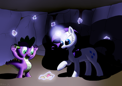 Size: 3444x2440 | Tagged: safe, artist:mcnum, rarity, spike, g4, cave, duo, high res