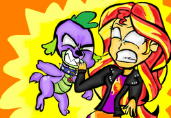 Size: 1024x704 | Tagged: safe, artist:pinkieshy435, spike, sunset shimmer, dog, equestria girls, g4, angry, biting, duo, revenge, shimmerbuse, spike the dog