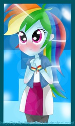 Size: 4000x6692 | Tagged: safe, artist:vixelzf, rainbow dash, equestria girls, g4, absurd resolution, blushing, cute, dashabetes, female, glowing eyes, hands together, lens flare, looking at you, smiling, solo