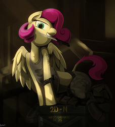 Size: 4241x4668 | Tagged: safe, artist:dimfann, fluttershy, semi-anthro, g4, absurd resolution, clothes, female, knife, military, solo, tank top, tattoo