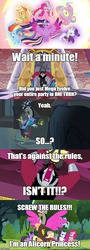 Size: 490x1368 | Tagged: safe, screencap, applejack, discord, fluttershy, lord tirek, pinkie pie, rainbow dash, rarity, twilight sparkle, alicorn, pony, g4, season 4, twilight's kingdom, crossover, discop, fixed, image macro, mane six, mega evolution, meme, pokémon, pokémon x and y, princess, princess discord, rainbow power, scorpan's necklace, twilight sparkle (alicorn), yu-gi-oh!, yugioh abridged