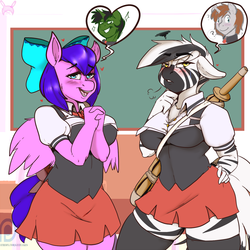 Size: 1000x1000 | Tagged: safe, artist:arnachy, oc, oc only, oc:pearl flywright, oc:pyrite, pegasus, zebra, anthro, bible black, clothes, schoolgirl, socks, thigh highs