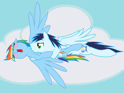 Size: 1024x768 | Tagged: safe, artist:rainbow-deathblow, artist:rulette, rainbow dash, soarin', g4, alternate hairstyle, backwards cutie mark, blushing, cloud, cuddling, eyes closed, female, hug, kissing, kissy face, laughing, male, on back, open mouth, prone, ship:soarindash, shipping, smiling, snuggling, spread wings, straight