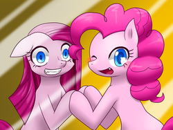 Size: 1000x750 | Tagged: safe, artist:hashioaryut, pinkie pie, earth pony, pony, g4, cute, cute little fangs, duality, fangs, female, looking at you, mare, mirror, pinkamena diane pie, pixiv, smiling, solo