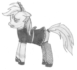 Size: 1719x1568 | Tagged: safe, artist:hunter117x, oc, oc only, pony, clothes, drawing, fishnet clothing, fishnet stockings, maid, monochrome, solo, stockings, thigh highs, traditional art