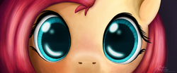 Size: 2000x832 | Tagged: safe, artist:muffinexplosion, fluttershy, g4, close-up, creepy, eyes, female, solo, stare