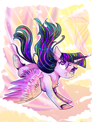 Size: 3000x4000 | Tagged: dead source, safe, artist:bonbrony, twilight sparkle, alicorn, pony, g4, cloud, female, flying, mare, rainbow power, signature, solo, stars, twilight sparkle (alicorn)