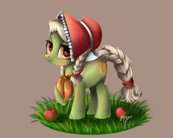 Size: 3000x2400 | Tagged: safe, artist:izymibrony, granny smith, earth pony, pony, g4, apple, female, high res, raised hoof, simple background, smiling, solo, young granny smith, younger
