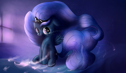 Size: 1627x951 | Tagged: safe, artist:michinix, princess luna, pony, g4, crying, female, filly, sad, solo, woona