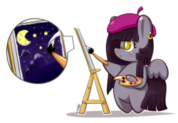Size: 1280x885 | Tagged: safe, artist:dsp2003, oc, oc only, pegasus, pony, canvas, chibi, cute, female, hat, moon, outline, pac-man, paintbrush, painting, simple background, stars, style emulation, transparent background