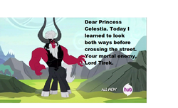 Size: 1360x825 | Tagged: safe, edit, edited screencap, screencap, lord tirek, centaur, taur, g4, twilight's kingdom, all new, dear princess celestia, hub logo, male, pixelated, solo, text