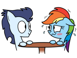 Size: 1024x768 | Tagged: safe, artist:cross, artist:greenlinzerd, rainbow dash, soarin', g4, blushing, date, female, floppy ears, male, nervous, plewds, shaking, ship:soarindash, shipping, shy, simple background, smiling, straight, sweat, table, transparent background
