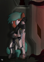 Size: 1146x1600 | Tagged: safe, artist:php49, derpibooru exclusive, pony, armor, bipedal, carbine, hoof hold, scared, solo, spacesuit, tentacles, weapon, wide eyes