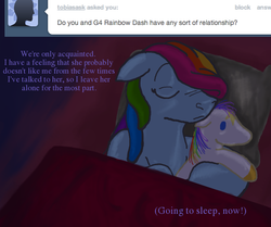 Size: 577x482 | Tagged: safe, artist:ratdust, rainbow dash, rainbow dash (g3), ask g3 dashie, g3, g4, ask, bed, female, sleeping, solo, tumblr