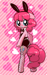 Size: 1000x1591 | Tagged: safe, artist:momo, pinkie pie, earth pony, pony, semi-anthro, ask harajukupinkiepie, g4, adorasexy, alternate hairstyle, bipedal, blushing, bunny suit, clothes, cute, diapinkes, female, fishnet stockings, floppy ears, heart, looking at you, looking back, looking back at you, sexy, solo