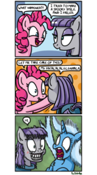 Size: 500x899 | Tagged: safe, artist:foudubulbe, maud pie, pinkie pie, trixie, pony, comic:damp rocks, g4, comic, cringing, faic, female, grin, open mouth, scared, screaming, shocked, smiling, tongue out, why, yelling
