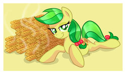 Size: 1024x606 | Tagged: safe, artist:xwhitedreamsx, apple fritter, earth pony, pony, g4, apple family member, apple fritter (food), bedroom eyes, female, food, looking at you, lying down, solo, steam