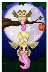 Size: 3538x5274 | Tagged: safe, artist:thebubbleqat, fluttershy, owlowiscious, g4, apple, apple tree, fangs, flutterbat, hanging, mare in the moon, moon, night, red eyes, smiling, tree, upside down