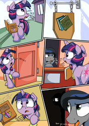 Size: 2480x3507 | Tagged: safe, artist:mistydash, twilight sparkle, g4, book, comic, door, filly, hair bow, high res, librarian, library, raised hoof